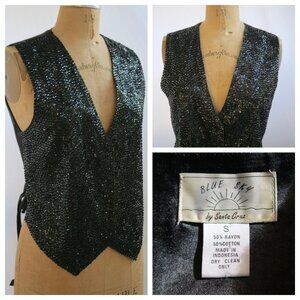 vtg BLUE SKY Black Sequin Waistcoat Vest Whimsigoth Dark Fairy Steampunk S EUC